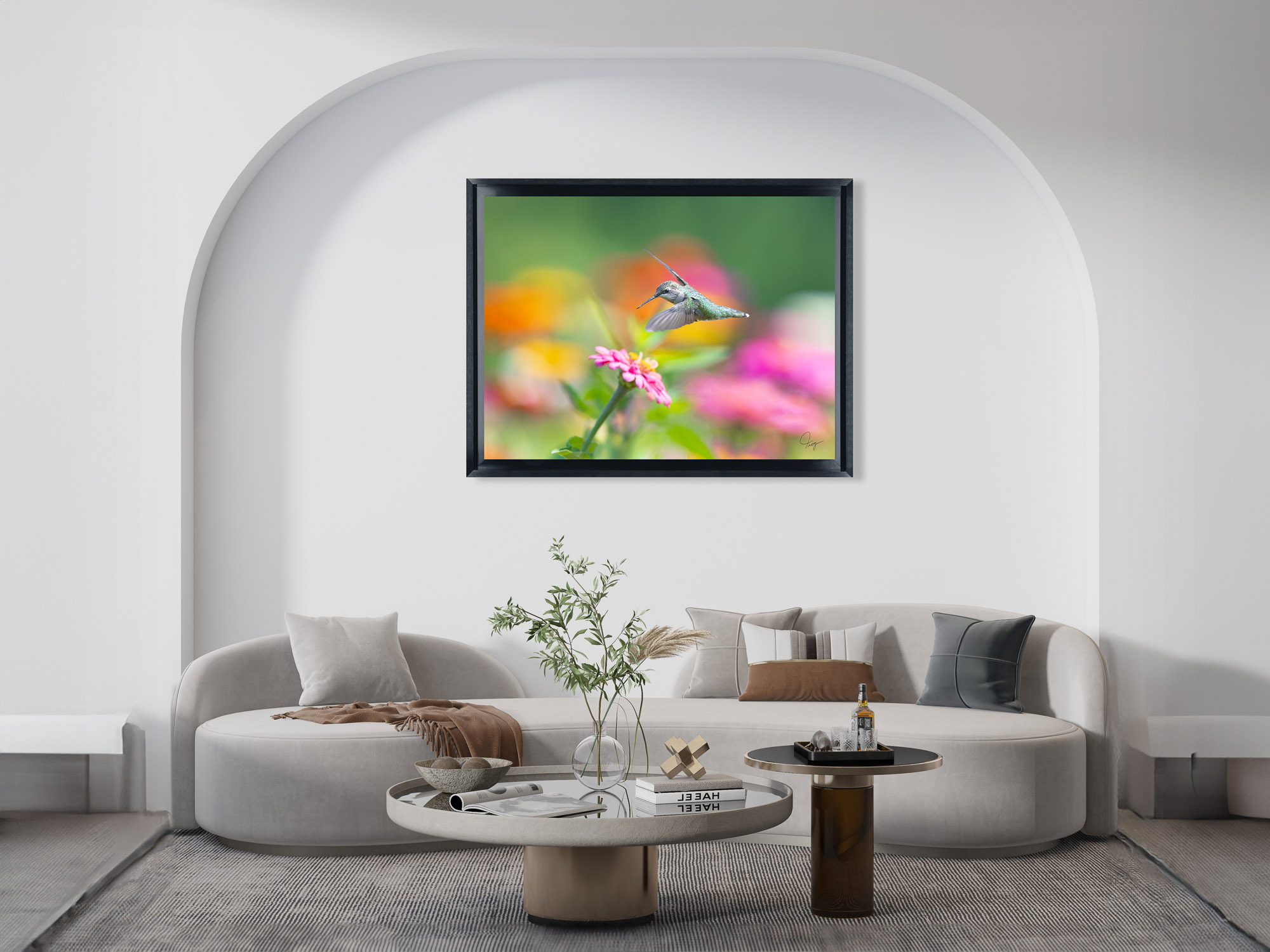 Ruby-throated Hummingbird hovering in the flowers